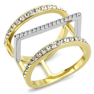Stainless Steel Two Tone Crystal Art Deco Ring Size 8